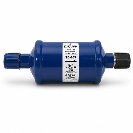 Filtro deshidratador Emerson TD-165 con conexión 5/8 pulgada Flare SAE para línea de líquido en sistemas de refrigeración y aire acondicionado.