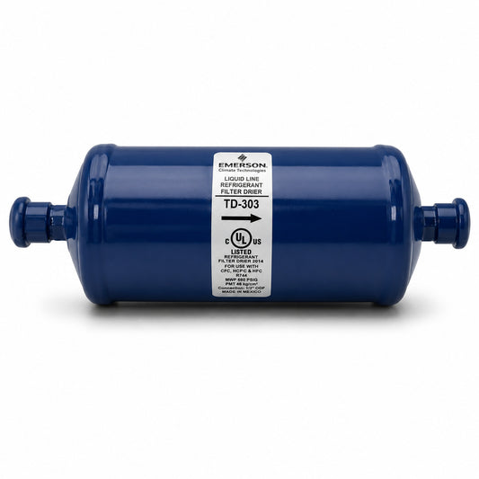 Filtro deshidratador Emerson TD-303 con conexión 3/8 pulgada Flare SAE para línea de líquido en sistemas de refrigeración y aire acondicionado.