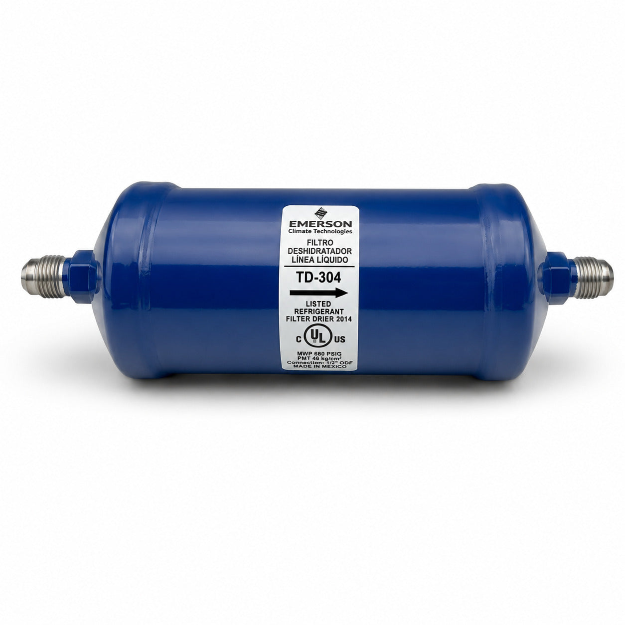 Filtro deshidratador Emerson TD-304 con conexión 1/2 pulgada Flare SAE para línea de líquido en sistemas de refrigeración y aire acondicionado.