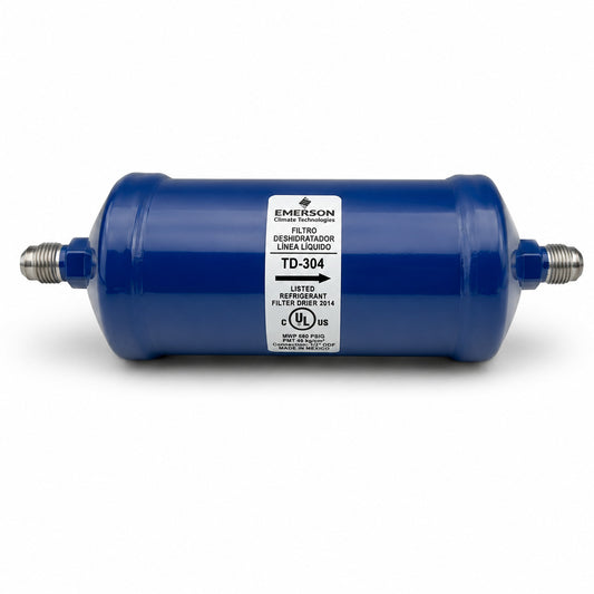 Filtro deshidratador Emerson TD-304 con conexión 1/2 pulgada Flare SAE para línea de líquido en sistemas de refrigeración y aire acondicionado.