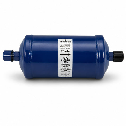 Filtro deshidratador Emerson TD-414 con conexión 1/2 pulgada Flare SAE para línea de líquido en sistemas de refrigeración y aire acondicionado.