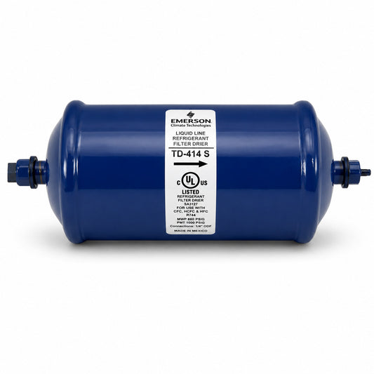 Filtro deshidratador Emerson TD-414S con conexión 1/2 pulgada Soldable ODS para línea de líquido en sistemas de refrigeración y aire acondicionado.