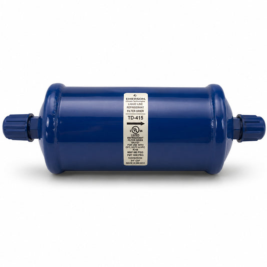 Filtro deshidratador Emerson TD-415 con conexión 5/8 pulgada Flare SAE para línea de líquido en sistemas de refrigeración y aire acondicionado.