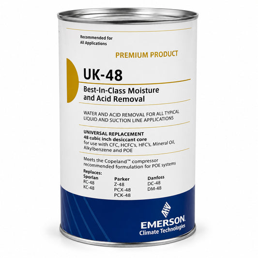 Piedra desecante Emerson UK-48 Premium Universal para filtro deshidratador recargable utilizada en sistemas de refrigeración y aire acondicionado HVACR.