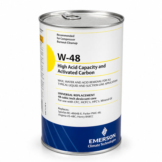 Piedra desecante Emerson W-48 con carbón activado para filtro deshidratador recargable utilizada en limpieza de sistemas HVACR después de una quema de compresor.