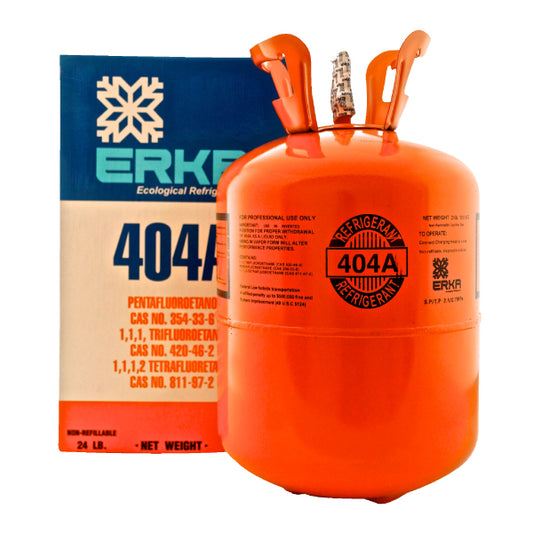 Cilindro naranja de gas refrigerante R404A Erke de 10.9KG para sistemas de refrigeración y congelación comercial.
