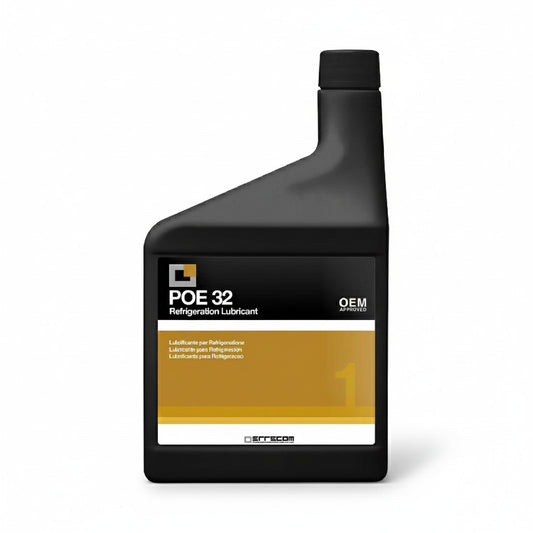 Envase de 1 litro de aceite polioléster POE 32 profesional de ERO Internacional para compresores de refrigeración.