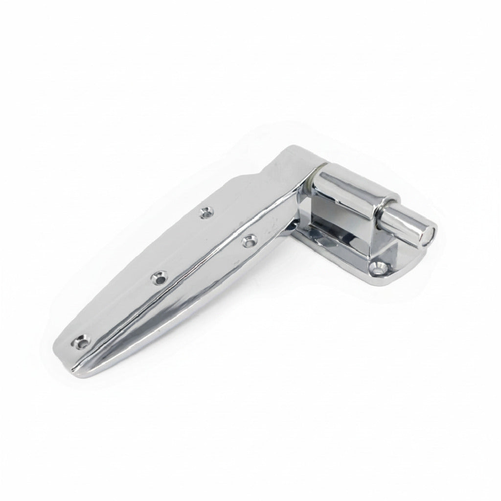 Bisagra reversible de alta resistencia con acabado cromado para puertas de refrigeración comercial e industrial.