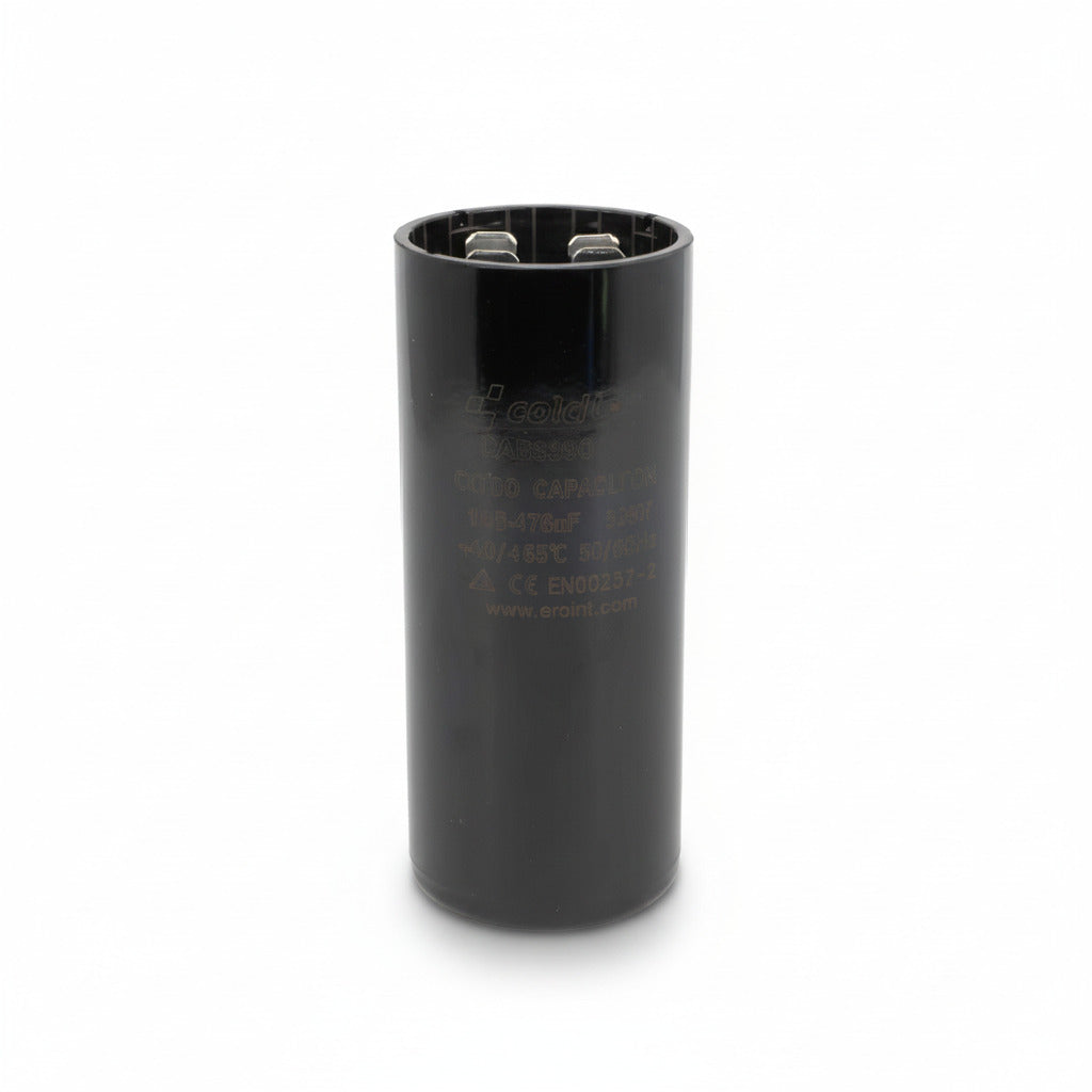 Capacitor de arranque industrial negro de alta potencia 145-175 MFD y 330V de ERO Internacional.