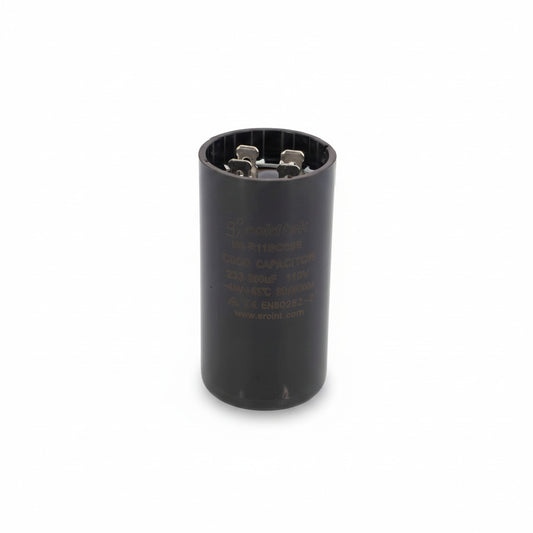 Capacitor de arranque industrial negro de máxima capacidad 233-280 MFD y 110V de ERO Internacional.