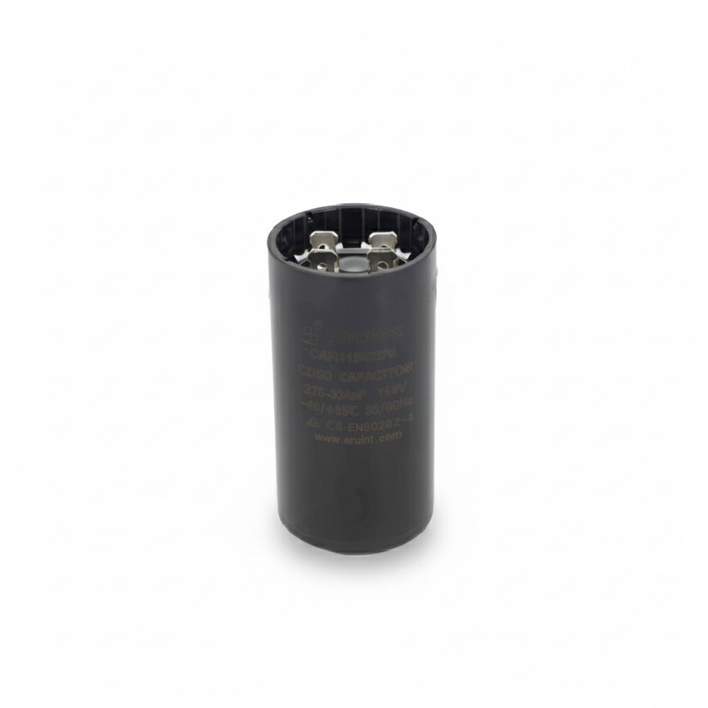 Capacitor de arranque industrial negro de máxima capacidad 270-324 MFD y 110V de ERO Internacional.