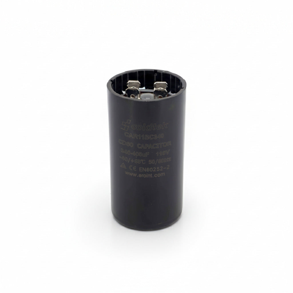 Capacitor de arranque industrial negro de máxima potencia 340-408 MF y 110V de ERO Internacional.