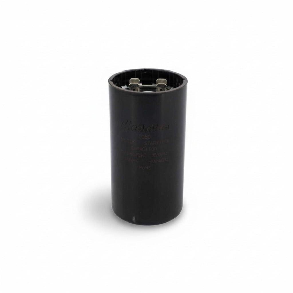 Capacitor de arranque industrial negro de potencia máxima 540-648 MFD y 110V de ERO Internacional.