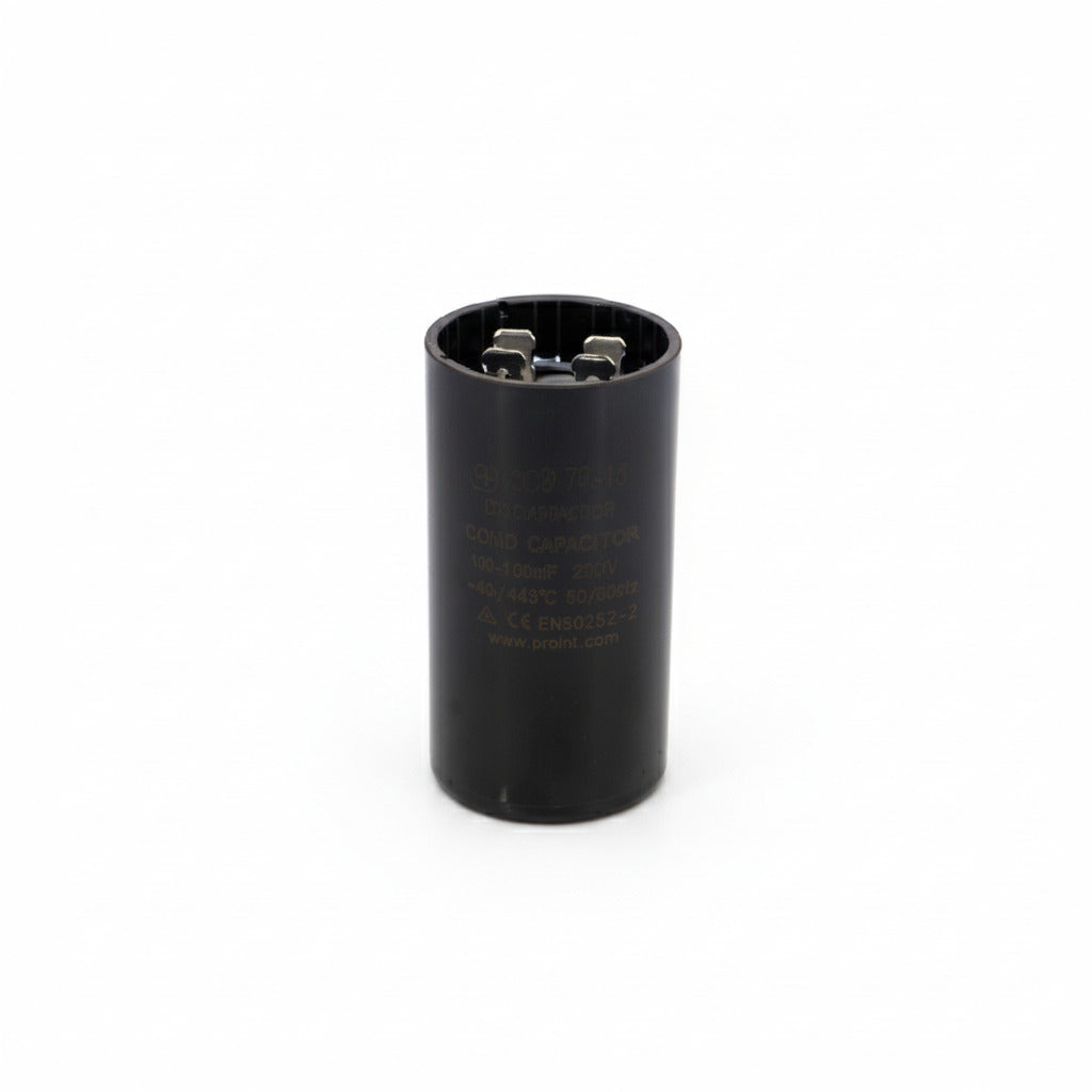 Capacitor de arranque industrial negro de 80-108 UF y 330V de ERO Internacional para motores eléctricos.