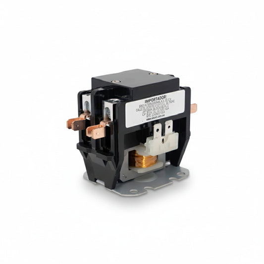 Contactor industrial de 2 polos y 30 amperios con bobina de 24V AC marca ERO Internacional para control de aire acondicionado.