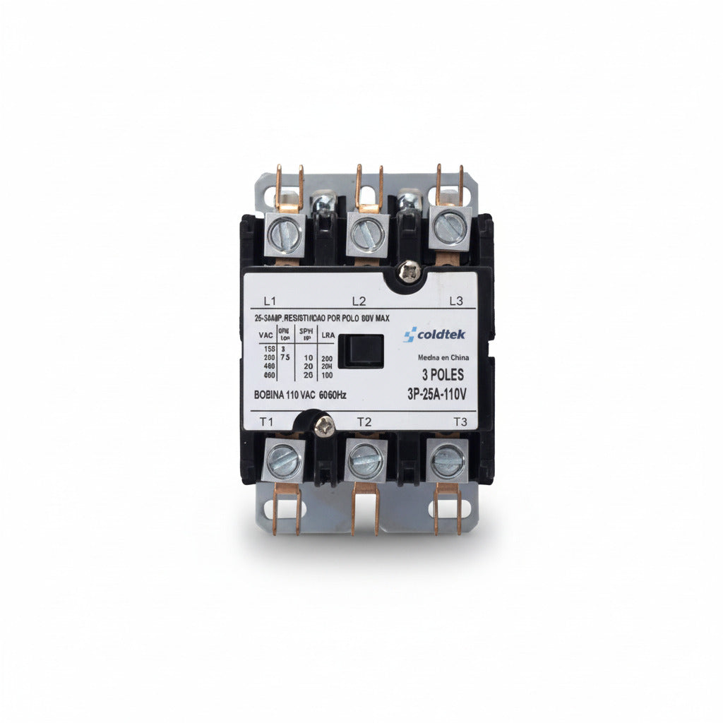 Contactor industrial trifásico de 3 polos, 25A nominal y 35A carga resistiva con bobina de 110V AC marca ERO Internacional.