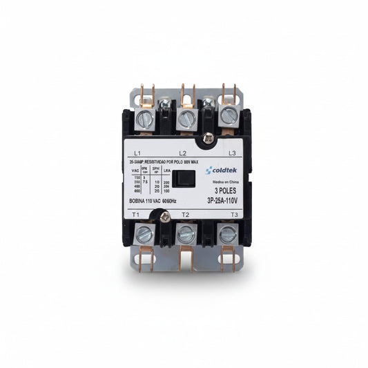 Contactor industrial trifásico de 3 polos, 25A nominal y 35A carga resistiva con bobina de 110V AC marca ERO Internacional.