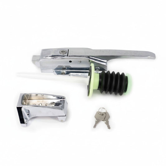 Kit completo de cerrojo cromado con llave de seguridad y perilla de liberación interna para cámaras de refrigeración marca ERO Internacional.