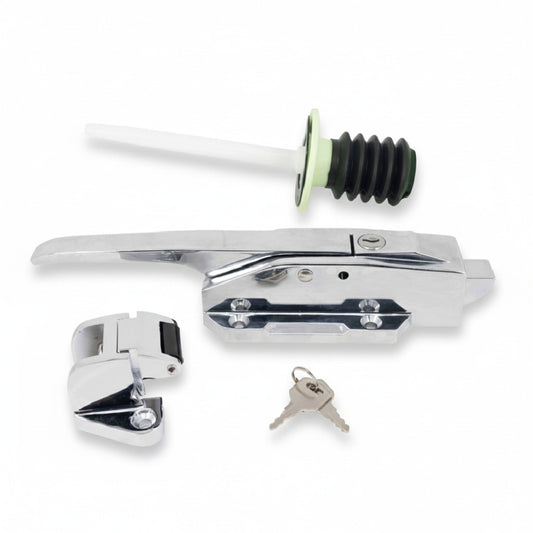Kit de cerrojo cromado con vástago corto, llave de seguridad y perilla de liberación interna para cámaras de refrigeración marca ERO Internacional.