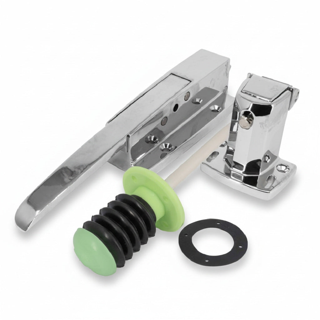 Sistema de cerrojo contraparte de acero inoxidable con pulsador de seguridad verde para cámaras de refrigeración marca ERO Internacional.