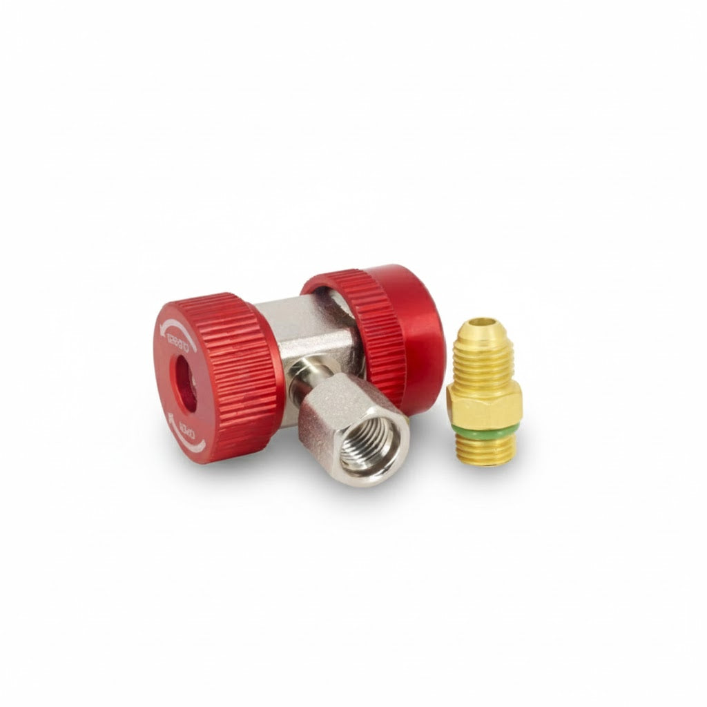 Cople rápido automotriz de alta presión color rojo con adaptador de bronce marca ERO Internacional para aire acondicionado.