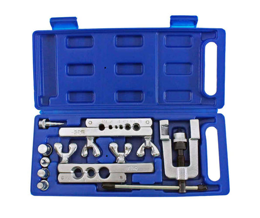 Kit completo de abocinado y expansión de tuberías con yugo, barras y adaptadores en estuche azul marca ERO Internacional.