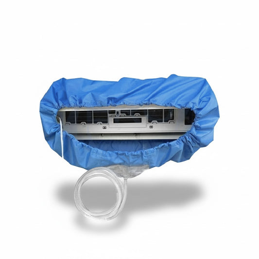 Funda recolectora azul con manguera para limpieza y mantenimiento de unidades evaporadoras de minisplit de 2 a 3 toneladas.