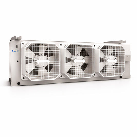Evaporador de bajo perfil Elgin con 3 ventiladores modelo FBA6170G4P200 para refrigeración comercial en 230V con deshielo eléctrico.