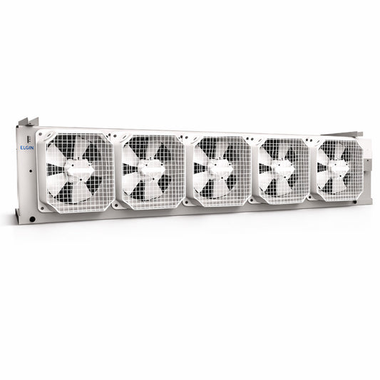 Evaporador industrial de bajo perfil Elgin con 5 ventiladores modelo FBA6280G4P200 para refrigeración comercial en 230V con deshielo eléctrico.