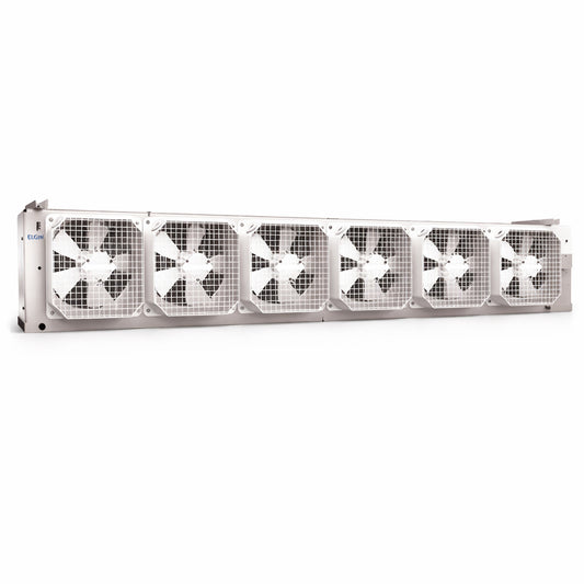 Evaporador de bajo perfil Elgin con 6 ventiladores modelo FBA4320I4N200 para refrigeración industrial pesada en 230V con deshielo eléctrico.