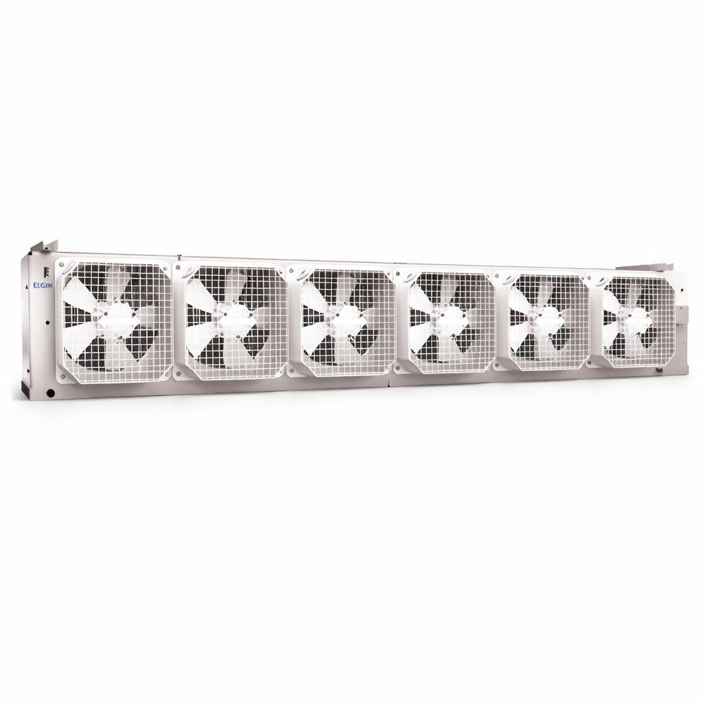 Evaporador industrial de bajo perfil Elgin con 6 ventiladores modelo FBA6370G4P000 para refrigeración comercial en 230V con deshielo por aire.