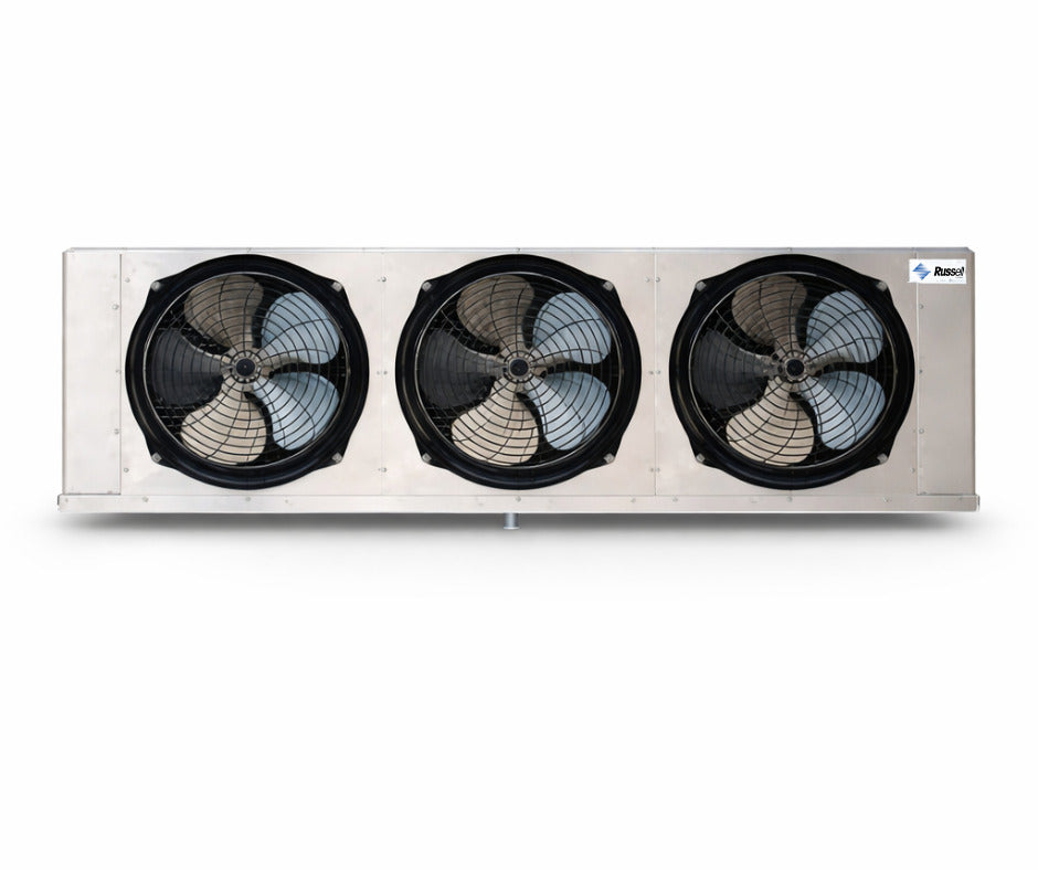 Evaporador de bajo perfil Russell con 3 ventiladores modelo RL6A161DDA para refrigeración comercial en 230V con deshielo por aire.