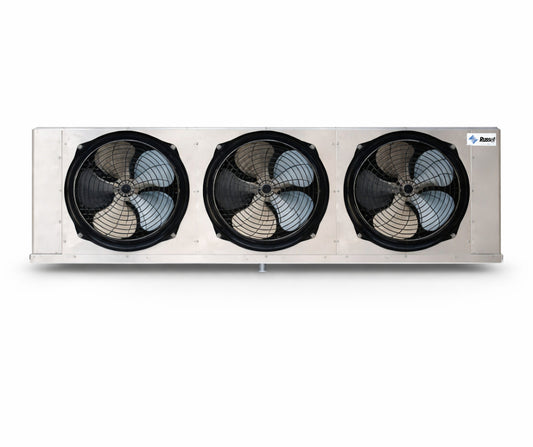 Evaporador de bajo perfil Russell con deshielo eléctrico y 3 ventiladores industriales modelo RL6E121DDA para baja temperatura.