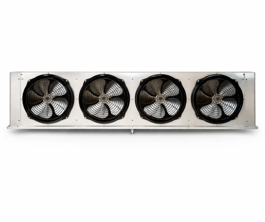 Evaporador industrial de bajo perfil Russell con 4 ventiladores y deshielo eléctrico modelo RL6E182DDA para cámaras de congelación.