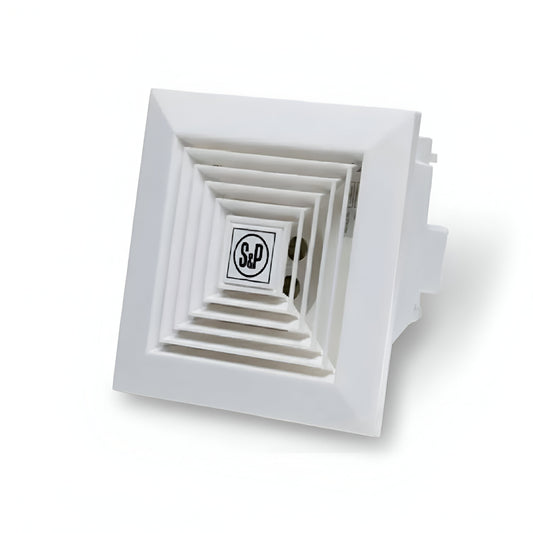 Extractor centrífugo Soler & Palau modelo CFP-225 de 127V con rejilla blanca para instalación en techos de falso plafón.