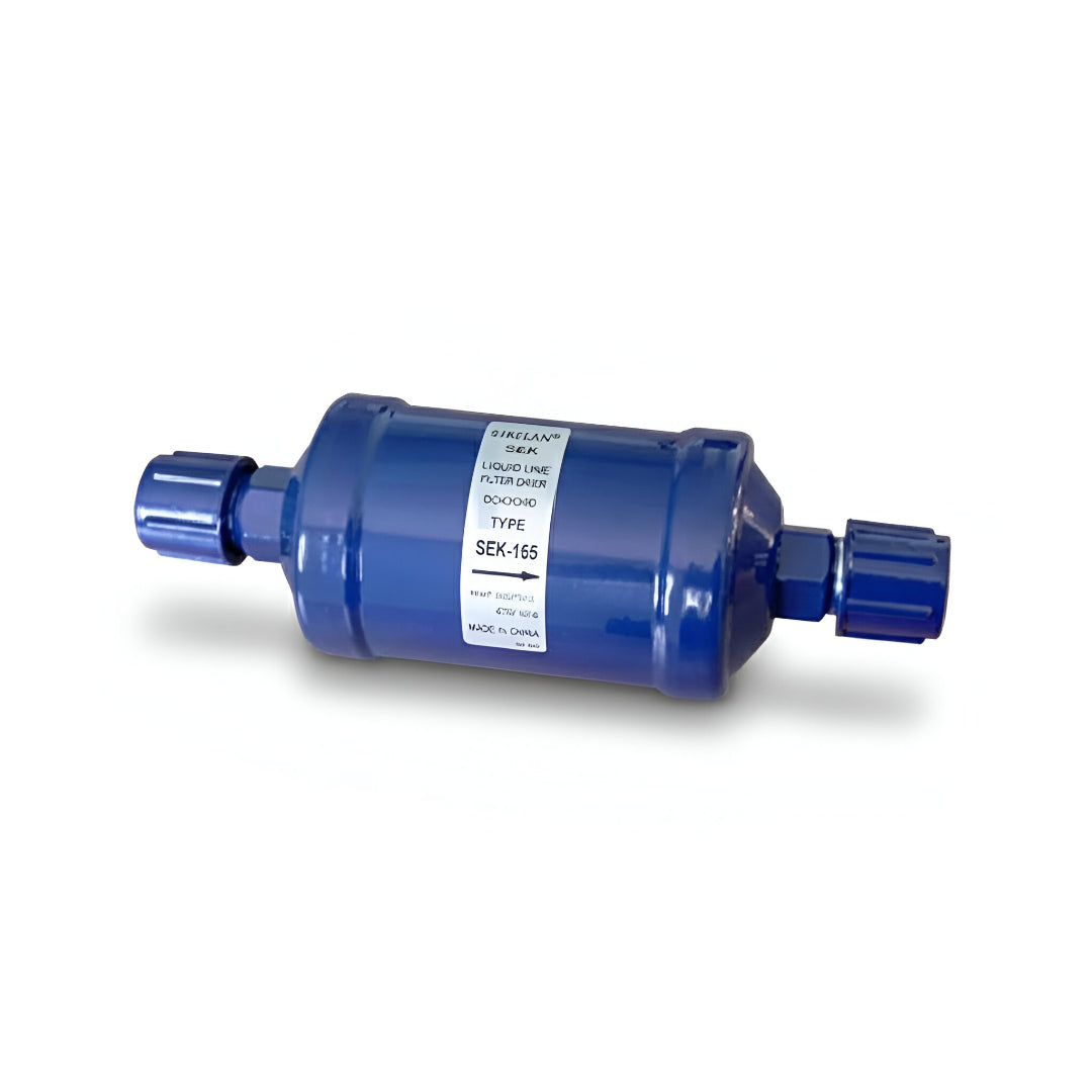 Filtro deshidratador de línea de líquido con conexión flare (tuerca) de 5/8 de pulgada marca ERO modelo SEK-165.