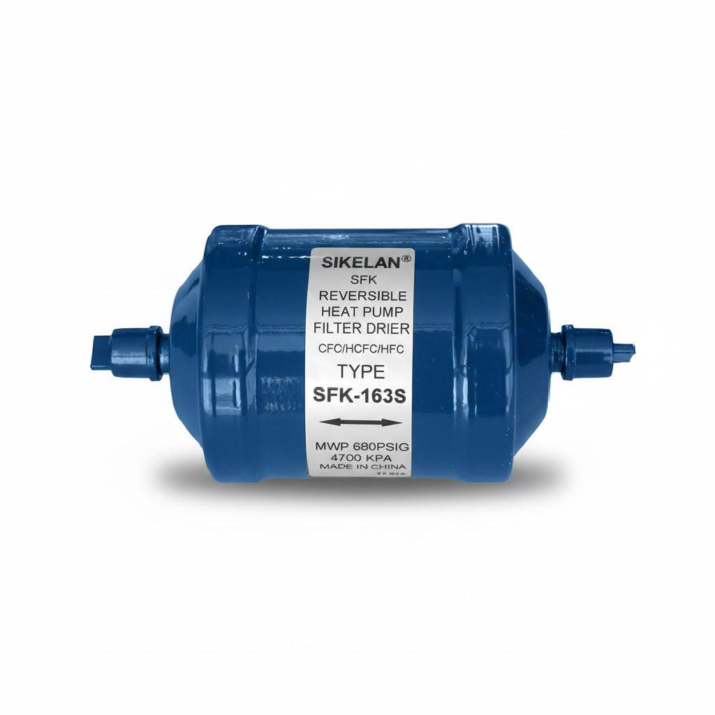Filtro deshidratador reversible de 3/8 de pulgada con conexión soldable marca ERO modelo ERO-SFK163S para sistemas de bomba de calor.