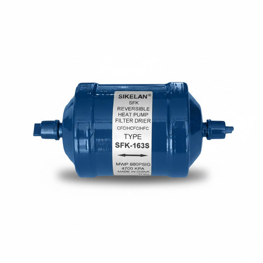 Filtro deshidratador reversible de 3/8 de pulgada con conexión soldable marca ERO modelo ERO-SFK163S para sistemas de bomba de calor.