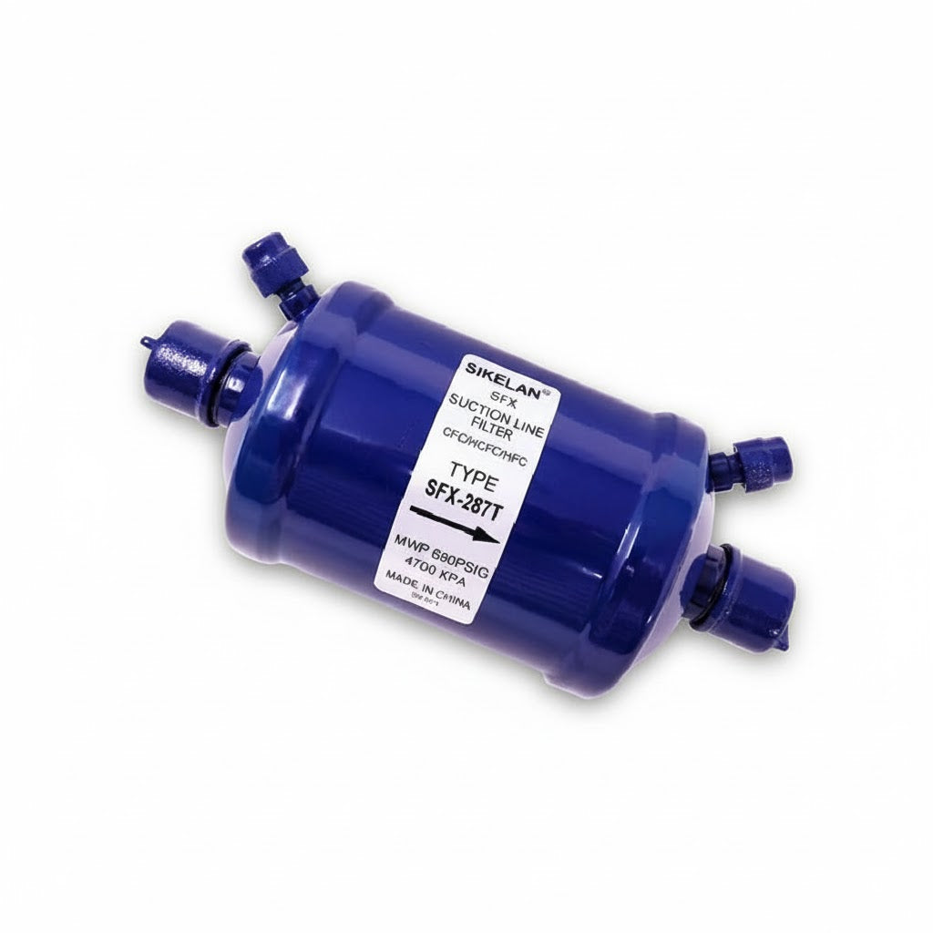 Filtro deshidratador de succión con conexión soldable de 7/8 de pulgada marca ERO modelo ERO-SFX287S para refrigeración industrial.