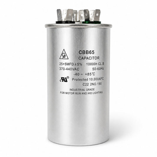 Capacitor de trabajo Grupo Barreto C4-R-25 dual de 25+5 MFD 370V para aire acondicionado y sistemas HVAC.