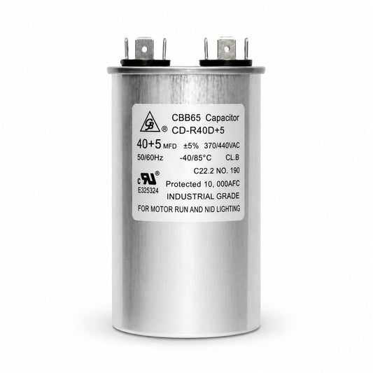 Capacitor de trabajo Grupo Barreto CD-R-40 dual de 40+5 MFD 440V para aire acondicionado y sistemas HVAC.