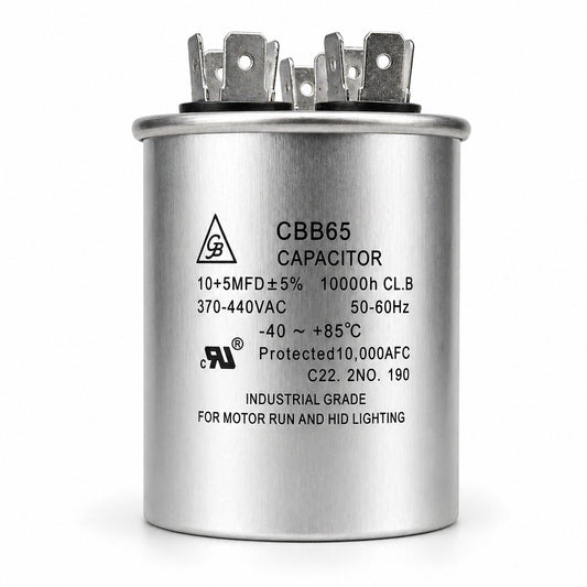 Capacitor de trabajo Grupo Barreto CD-R100 dual de 10+5 MFD 370/440V para aire acondicionado y sistemas HVAC.