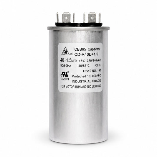 Capacitor de trabajo Grupo Barreto CD-R40D+1.5 dual de 40+1.5 MFD 370/440V para aire acondicionado y sistemas HVAC.