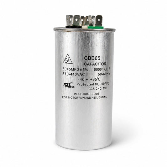 Capacitor de trabajo Grupo Barreto CD-R60D dual de 60+5 MFD 370/440V para aire acondicionado y sistemas HVAC.