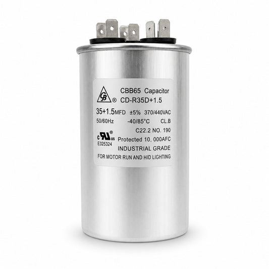 Capacitor de trabajo Grupo Barreto CD4-R-30+1.5 dual de 30+1.5 MFD 370/440V para aire acondicionado y sistemas HVAC.