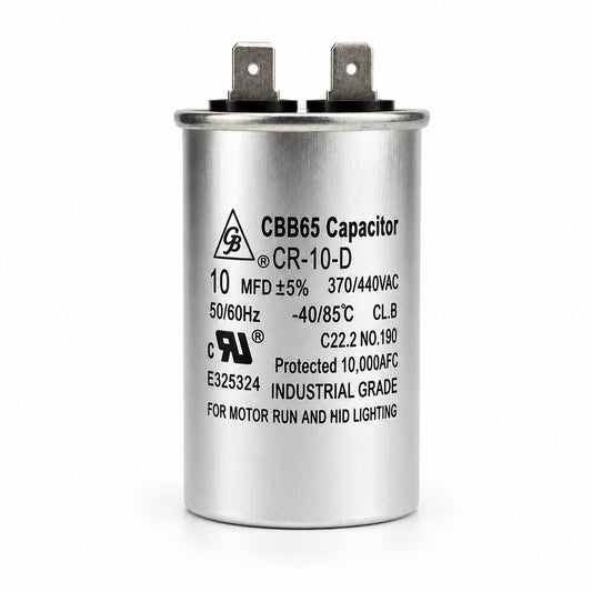 Capacitor de trabajo Grupo Barreto CR-10-D de 10 MFD 370/440V para aire acondicionado y motores eléctricos.