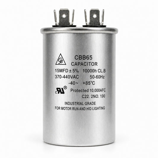 Capacitor de trabajo Grupo Barreto CR-15-D de 15 MFD 370/440V para aire acondicionado y motores eléctricos.