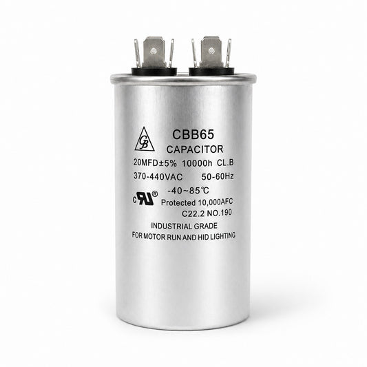 Capacitor de trabajo Grupo Barreto CR-20-D de 20 MFD 370/440V para aire acondicionado y motores eléctricos.