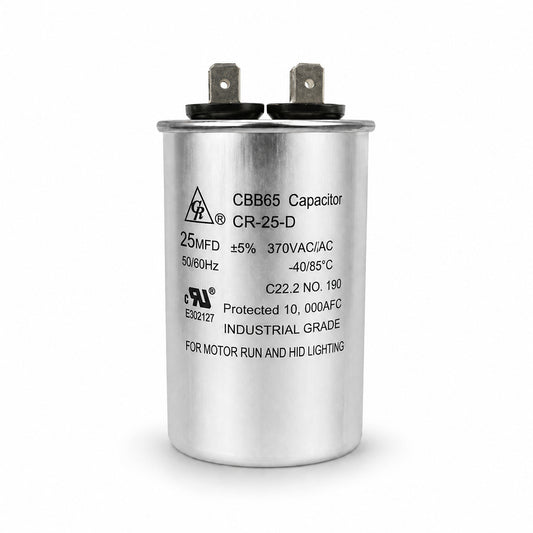 Capacitor de trabajo Grupo Barreto CR-25-D de 25 MFD 370V para aire acondicionado y motores eléctricos.