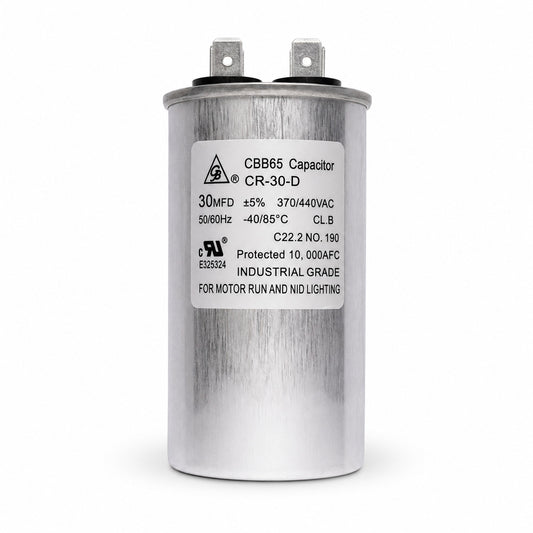 Capacitor de trabajo Grupo Barreto CR-30-D de 30 MFD 370/440V para aire acondicionado y motores eléctricos.